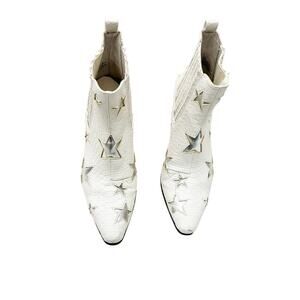 Betsey Johnson Izak Silver Star Studded White Cowboy Boot Almond Toe Size 6.5